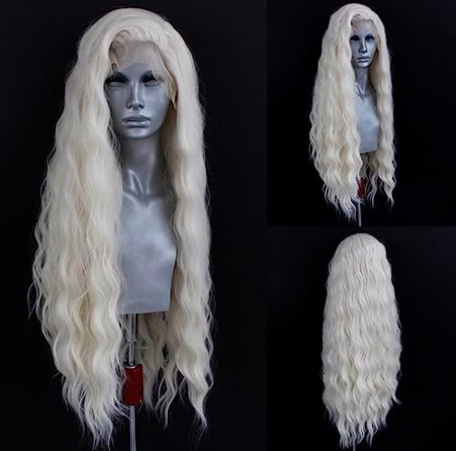 WXHWCX Long White Blonde Wavy Synthetic Lace Front Wig Middle Part Lace Wigs Synthetic Hair Wig for Women Cosplay Wigs - #60Wavy