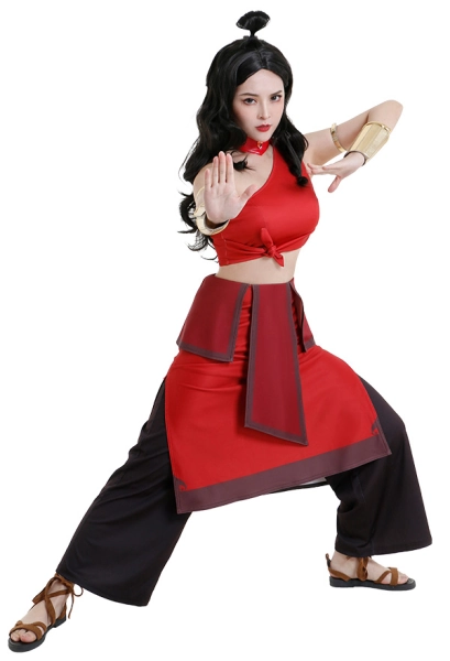 Avatar The Last Airbender Fire Nation Katara Traditional Folk Style Splited One-Shoulder Short Top and Skirt Suit Full Set Cosplay Costume with Wristbands and Accessories