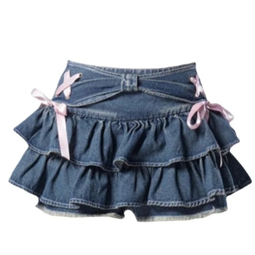 Kawaii Ruffles Y2K Denim Mini Skirt - Blue / M