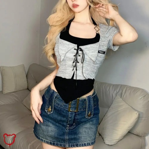 Grey Grunge Knit Top Set - Gray / M