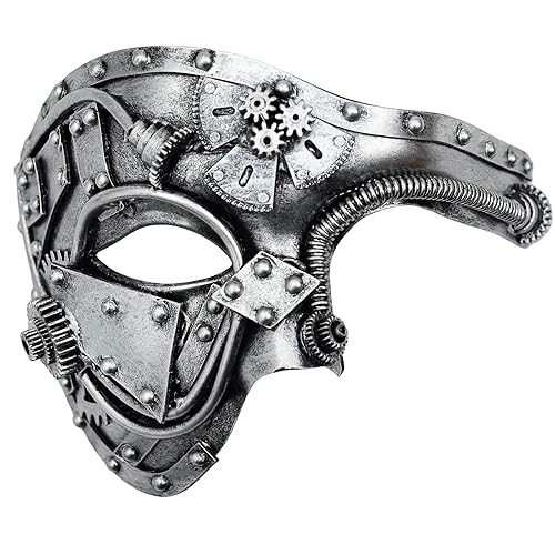 Ubauta Steampunk Metal Cyborg Venetian Mask, Masquerade Mask For Halloween Costume Party/Phantom Of The Opera/Mardi Gras Ball - One Size - Silver Punk Mask