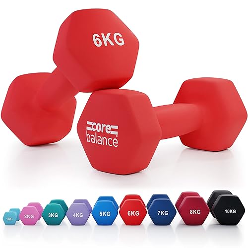 Core Balance Dumbbell Pair Hex Weight Neoprene Coated Cast Iron Strength Training (2 x 1kg, 2kg, 3kg, 4kg, 5kg, 6kg, 7kg, 8kg, or 10kg) - 2 x 6kg - Red