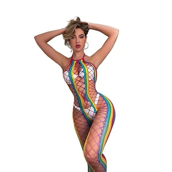V-Ting Damen Regenbogen Netz Bodystocking Netzstrümpfe Catsuit ouvert Bodys Reizwäsche Sexy Strumpfhosen Nachtbekleidung Unterwäsche Dessous Ärmellos für Frauen Sex S-L