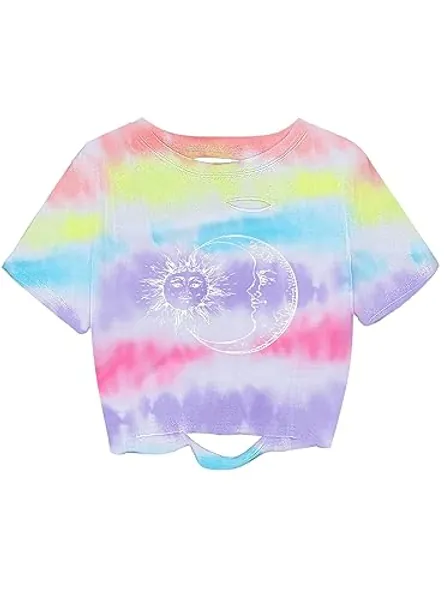 Sofia's Choice Damen Crop Shirt Tie Dye T Shirt Kurzarm Bauchfrei Oberteil Ripped Top