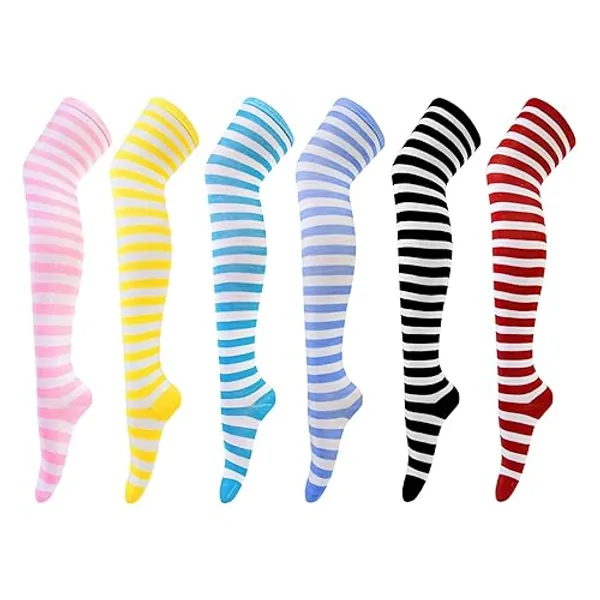 Chalier Cozy 6 Paar Kniestrümpfe Overknee Strümpfe Damen Lange Gestreifte Socken Thigh High Socks Beinwärmer Schenkel Socken für Mädchen