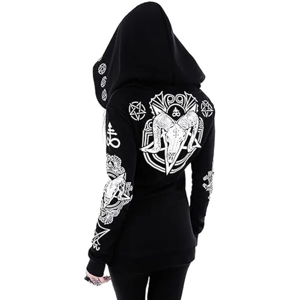 Women's Gothic Coat Jacket Witchcraft Moon Letter Print Hooded Cardigan Punk Hoodie Jacket Mid Long Sweatshirt Loose Hood Casual Thin Sweatshirt Punk Black Hoodies - XL - Sheep