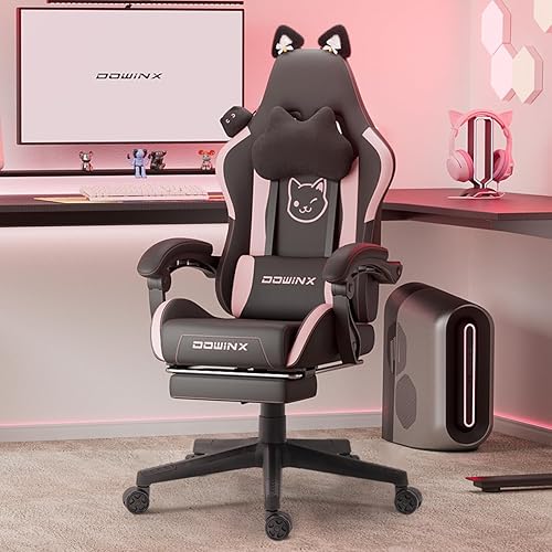 Dowinx Gaming Chair Cute with Cat Ears and Massage Lumbar Support, Ergonomic Computer Chair for Girl with Footrest and Headrest, Comfortable Reclining Game Chair 290lbs for Adult, Teen, Black - Black - Rabbit