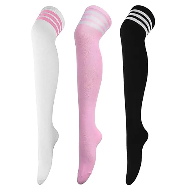DRESHOW 3 Pairs Over Knee Thigh Socks Thigh High Socks Casual High Stockings Long Knee High Socks for Girl and Women - 3 Pairs D: White/Pink/Black