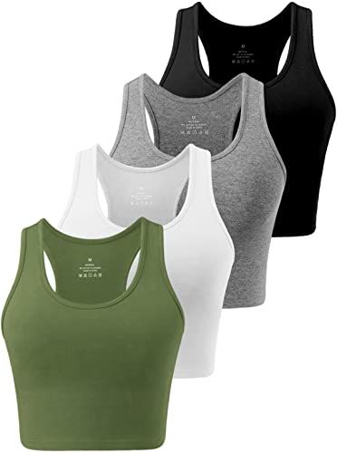 Star Vibe 4 Pack Cotton Crop Racerback Tank Tops for Women Basic Workout Crop Tanks Sleeveless Cropped Sport Shirts - S - Black/Dark Grey/White/Army Green