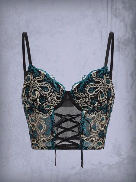 Goth Snake Embroidery Lace Up Cami Top