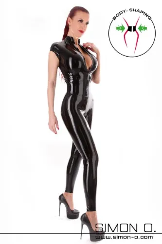 Short sleeve latex catsuit with waist belt