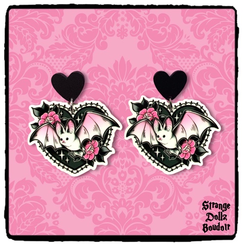 Bat earrings, 925 sterling silver, Cute gothic jewellery, Pastel Goth, Strange Dollz Boudoir