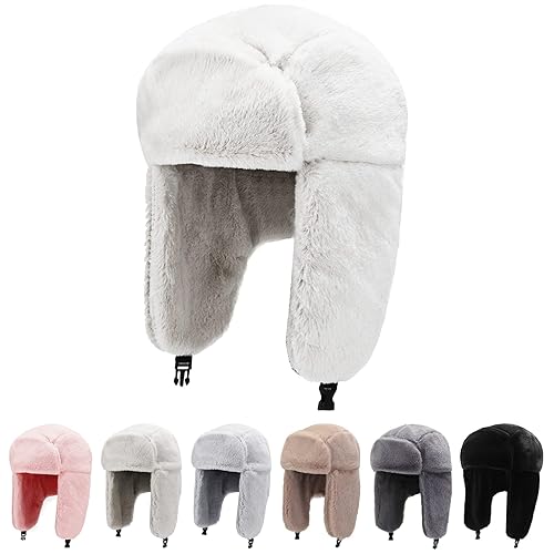 Peicees Winter Hats for Men Womens Winter Hats Ushanka Trapper Hat with Earflaps Warmer for Adult Boys Girls - 7-7 5/8 - White