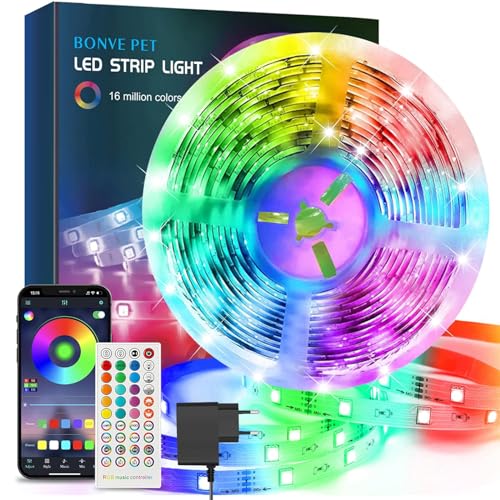 Bonve Pet Ruban LED 5M Bleutooth Bande LED RGB LED Chambre Bande Lumineuse Flexible Multicolore, Contrôlé par APP du Smartphone, Synchroniser avec Rythme de Musique/Fonction de Minuterie - 5M