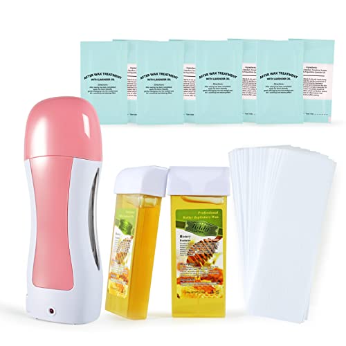 Roll on Wax Kit for Hair Removal Honey Roller Waxing Kit Include 2 Honey Soft Wax Cartridge & 100 Non-Woven Wax Strips Portable Pink Wax Heater Machine for Women & Men - F3+2Honey+Bag