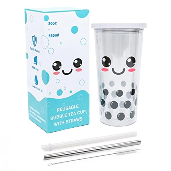 Charming Reusable Bubble Tea Cup - Bubble Tea Kit with Leakproof Double-Walled Tumbler, 1 Boba Reusable Straw, 1 Metal Straw & Cleaning Brush - Ideal for Boba Tea, Iced Coffee, Smoothies - 20 oz