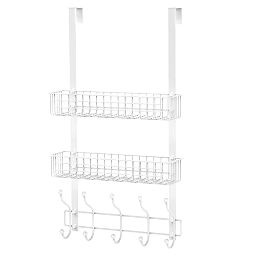 MILIJIA Coat Rack, Over The Door Hanger with Mesh Basket, Detachable Storage Shelf for Towels, Hats, Handbags, Coats (White-2 Layer) - White