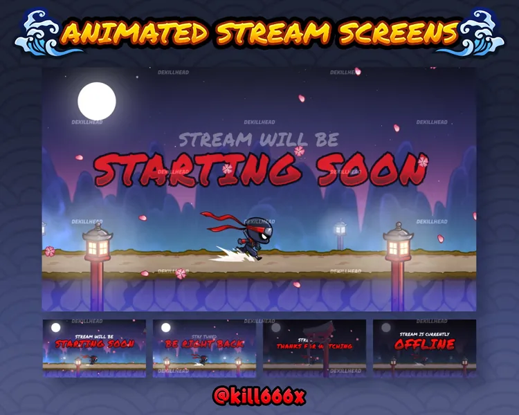 4x Animated Stream Screens | The Black Ninja Run | Starting Soon | BRB | Ending | Offline