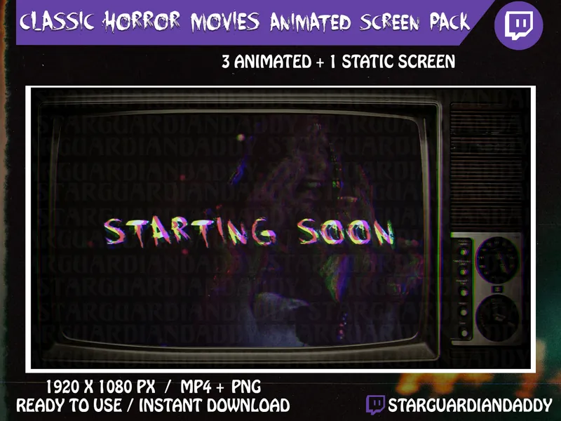 Classic Horror Movies - Old Retro TV - Twitch Animated Stream Screen Pack - Starting Soon / Be Right Back / Ending Soon / Offline