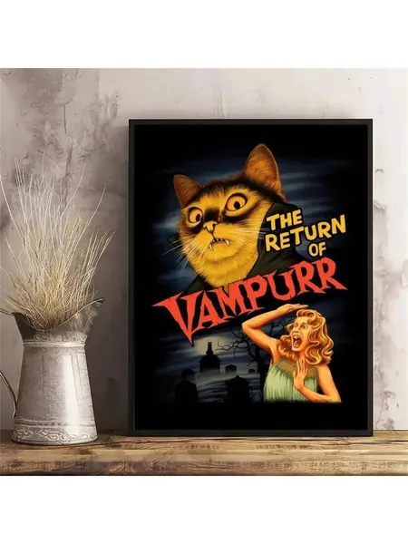 1pc 'Vampurr' Vampire Cat Canvas Wall Poster Decor, Perfect Wall Decor For Living Room, Home, And Bedroom - Ideal For Cat Lovers - Frameless