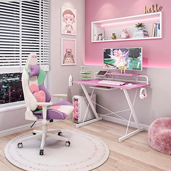 Computer Desk, Small Gaming Table with Monitor Stand, Gamer's Workstation with Cup Holder and Headphone Hook, Modern Minimalist Home Office Desk, Pink