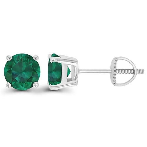 14K Gold Plated 925 Sterling Silver Hypoallergenic 6mm Round Genuine Birthstone Solitaire Screwback Stud Earrings - Emerald Created - Sterling Silver