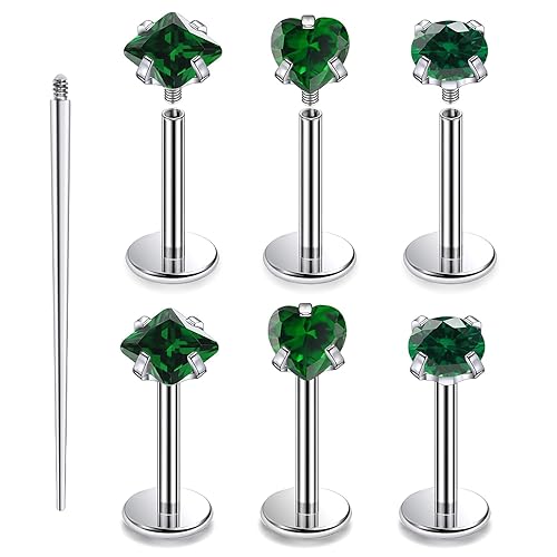 Xnsjeyy 16G F136 Titanium Lip Rings CZ Labret Jewelry Internally Threaded Monroe Lip Ring Medusa Snake Bite Piercing Jewelry Conch Tragus Forward Helix Cartilage Earring Studs Piercing Jewelry - 8MM Bar, Green CZ