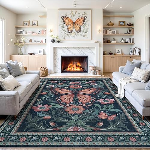 Uphome Area Rug 9x12 Rugs for Living Room, Black Boho Bedroom Rug, Non-Slip Soft Butterfly Office Rug, Modern Floral Machine Washable Floor Carpet for Dining Room Playroom Guest Room - 9'x12' - Black