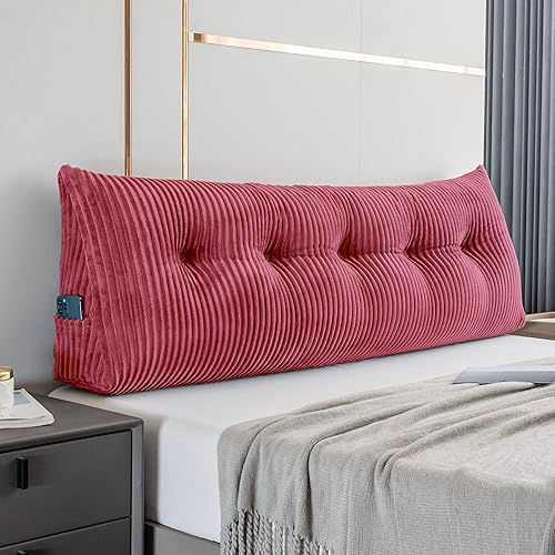 Activance Large Triangular Headboard Wedge Bed Rest Reading Pillow Backrest Positioning Support Bolster Cushion with Removable Cover (Soft Rose Red, Queen: 59x8x20 Inches) - Rose Pink - Queen