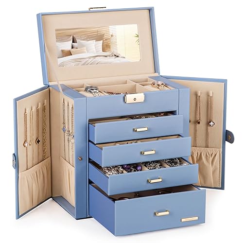Homde Synthetic Leather Huge Jewelry Box Mirrored Watch Organizer Necklace Ring Earring Storage Lockable Gift Case (Grey Blue + Gold) - Grey Blue + Gold