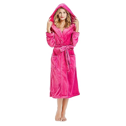 HEARTNICE Womens Hooded Fleece Robe, Soft Bathrobe for Womens, Cute Long House Coat - Small-Medium - Rose Hooded