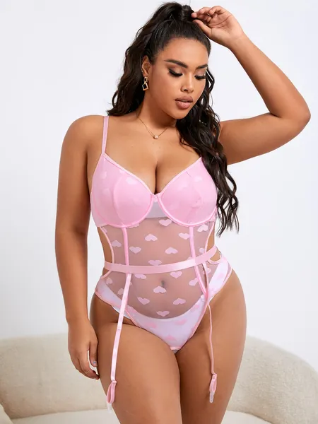 Taglie Forti Body teddy con stampa cuore mesh con ferretto Giarrettiera