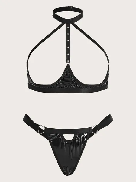 Taglie Forti Set lingerie pelle sintetica cut out anello collegato