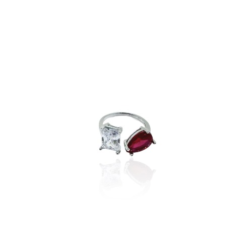 Red and White CZ Diamond Double Stone Ring - 5