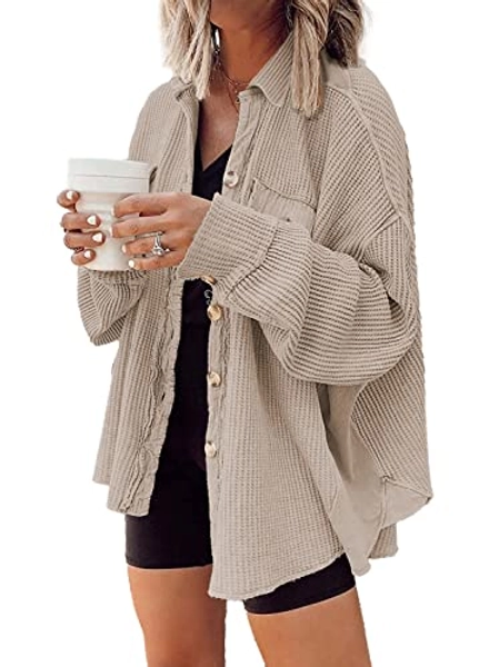 Nirovien Womens Waffle Knit Shirt Jacket Oversized Button Down Shacket Batwing Sleeve Tops with Pockets