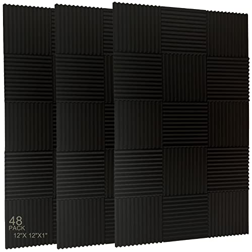 48 Pack Acoustic Foam Panel Wedge Studio Soundproofing Wall Tiles 12" X 12" X 1" - Black