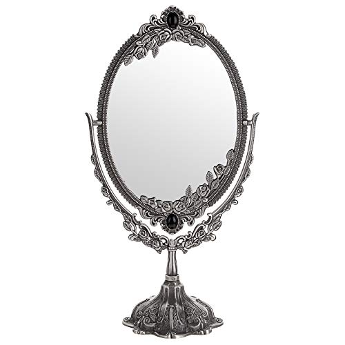JUXYES Metal Tabletop Antique Decorative Makeup Mirror with Stand, Vintage Swivel Double Sided Cosmetic Mirror with Frame, Retro Desktop Oval Dressing Mirror for Bathroom Bedroom - Large - Silver