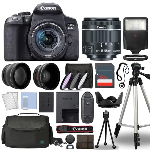 Canon EOS 850D Rebel T8i Digital SLR Camera 18-55mm Lens 3 Lens DSLR Kit with Complete Accessory Bundle 128GB - International Model (Renewed)