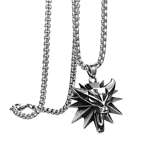 Flongo Herren Kette mit Wolfskopf-Anhänger Edelstahl Halskette Herrenschmuck Wizard-Halskette Drachen Kette Wilder Stil für Punk-Männer und Frauen