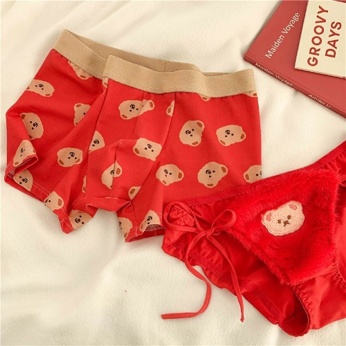 Couples' Teddy Undergarments - Red Fur Bear / Women L- Men L