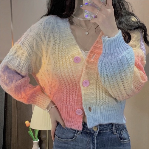 Pastel Rainbow Cropped Sweater Cardigan | rainbow / One Size