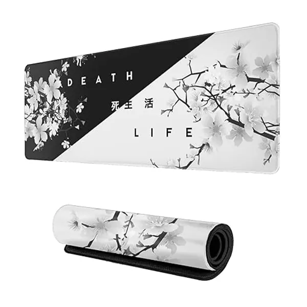 CDEB Black and White Cherry Blossom Gaming Mouse Pad XL, Extended Stitched Edges,Large Mouse Mat Desk Pad, Long Non Slip Rubber Base Mice Pad（31.5 X 11.8 Inch） - Black and White Cherry Blossom