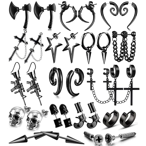 16 Pairs Stainless Steel Punk Y2K Black Dangle Earrings for Men, Axe Skull Screw Cone etc Huggie Hoop Long Chain Piercing Hoop Earrings Set for Unisex Earrings for Women