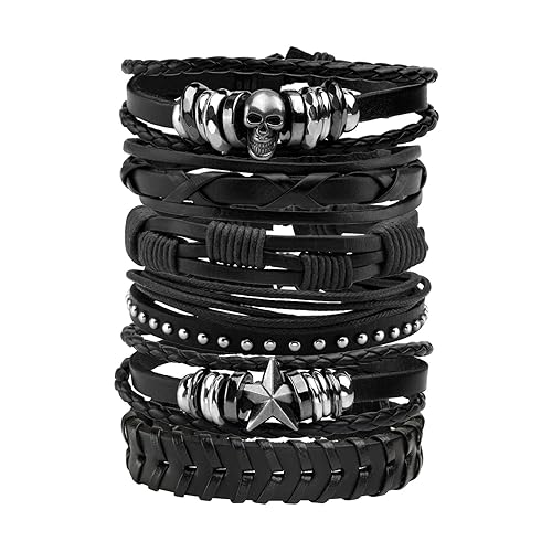 MILAKOO 6Pcs Punk Leather Bracelets for Women Men Braided PU Wristband Skull Skeleton Accessories - A: Black