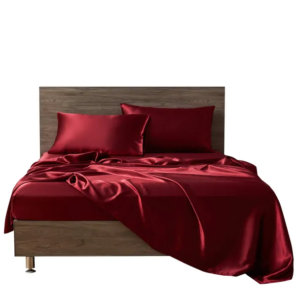 Rico Bedding 100% Pure Silk Satin Duvet with Fitted Sheet Set 4pcs, Silk Satin Fitted Sheet 15'' Deep Pocket,Silk Satin Duvet Cover,Silk Satin Pillowcases Set !!!(Queen Burgundy)