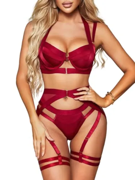 Kaei&Shi Strappy Harness, All Adjustable, Underwire Racerback, 4pc Garter Set