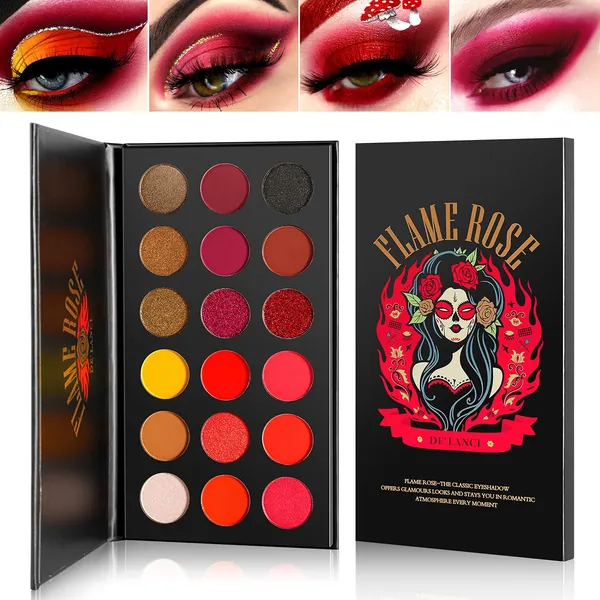 Afflano Red Eyeshadow Palette Highly Pigmented, Long Lasting True Red Eye Shadow Vampire Clown SFX Halloween Makeup Pallet, Matte Shimmer Brown Black Yellow Sunset Warm Fall Eye Shades, Cruelty Free