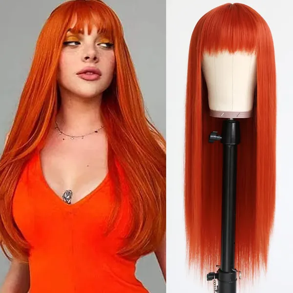 Jolitime Red Orange Long Straight Synthetic Hair Replacement Wigs for Fashion Women With Air Bangs Heat Resistant Fiber No Lace Wigs