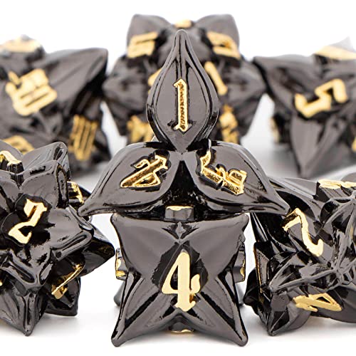 KERWELLSI Metal DND Dice Set, Leaf Black D&D Dice Set, 7 Piece Dungeons and Dragons Dice, Role Playing D and D Dice, RPG Polyhedral Dice Set D20 D12 D10 D8 D6 D4 - Black