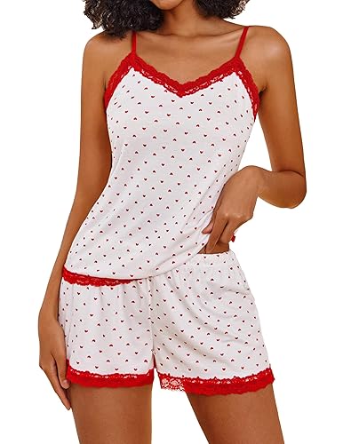 Avidlove Women Cami Pajama Set Modal Sleepwear Lace Trim Short PJ Set with Shorts - Small - White Love Heart